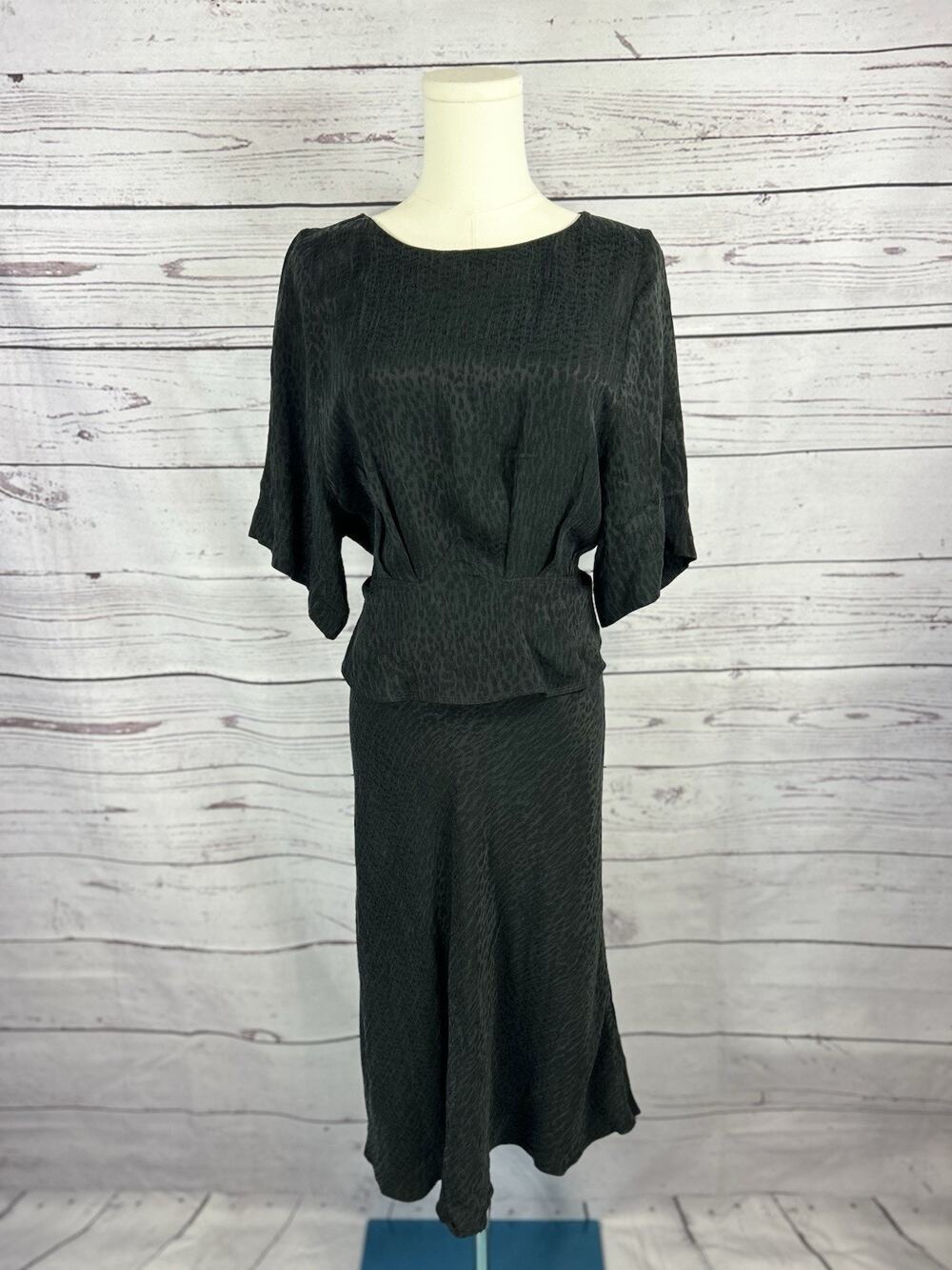 ba&sh Paris Black Animal Print Jacquard Open Back Tie Waist Midi Dress Size 2 M